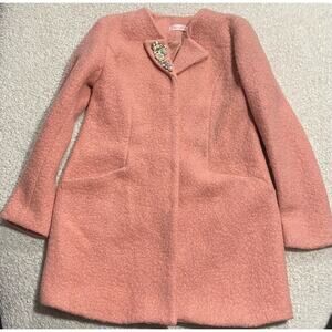 VTG Stone Flower Pea Coat Womens Small Pearl Floral Brooch Peach Retro Textured